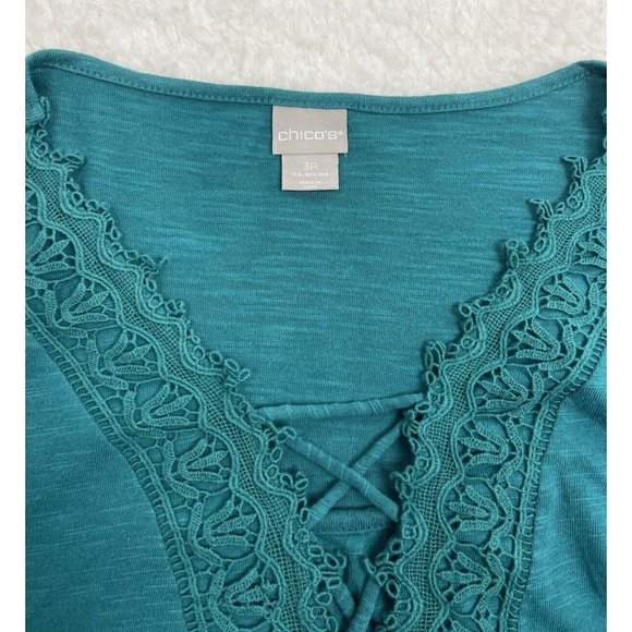 Chicos Size 3 Embroidered Peasant Top 3/4 Sleeve Tunic Asymmetric Hemline Green - Picture 3 of 9